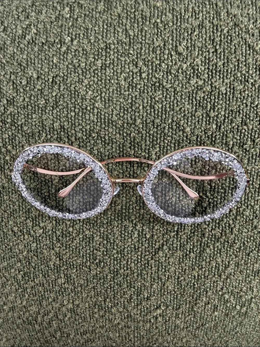 Sparkling Round Crystal Rim Sunglasses - Gold metal 90’s look Y2K 80’s